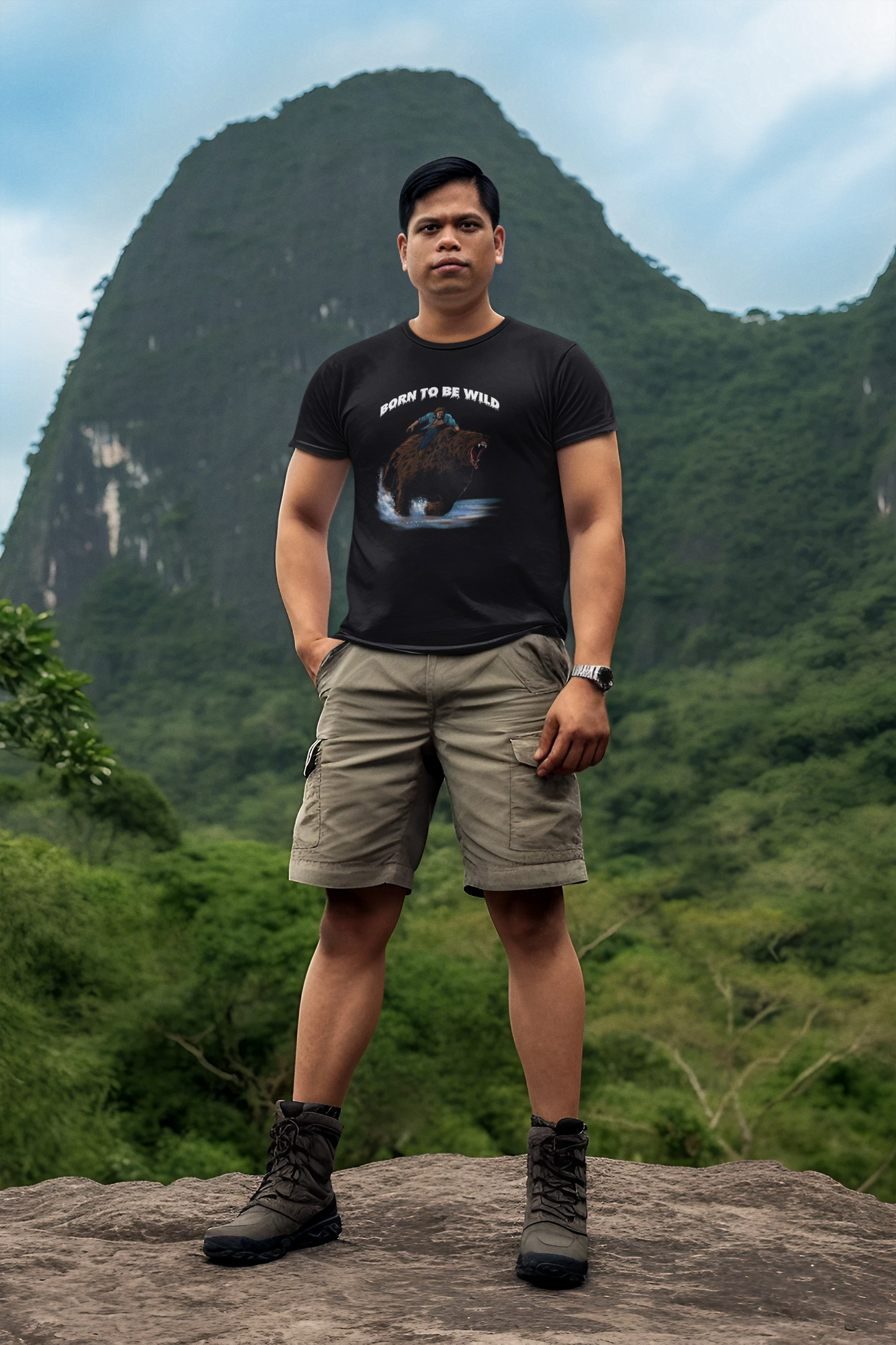 Male model showcasing the heavy cotton texture and fit of the black funny outdoor graphic tee.