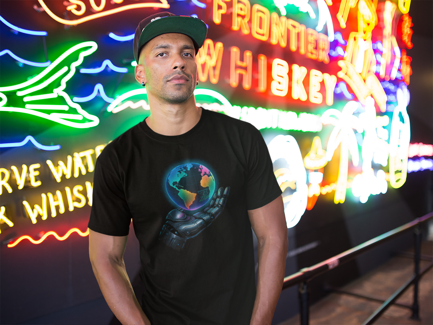 Front view of a male model wearing the black futuristic robotic hand t-shirt