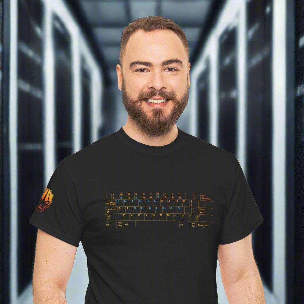 Front view of a smiling male model wearing the black IT professional keyboard graphic t-shirt in a server room setting.