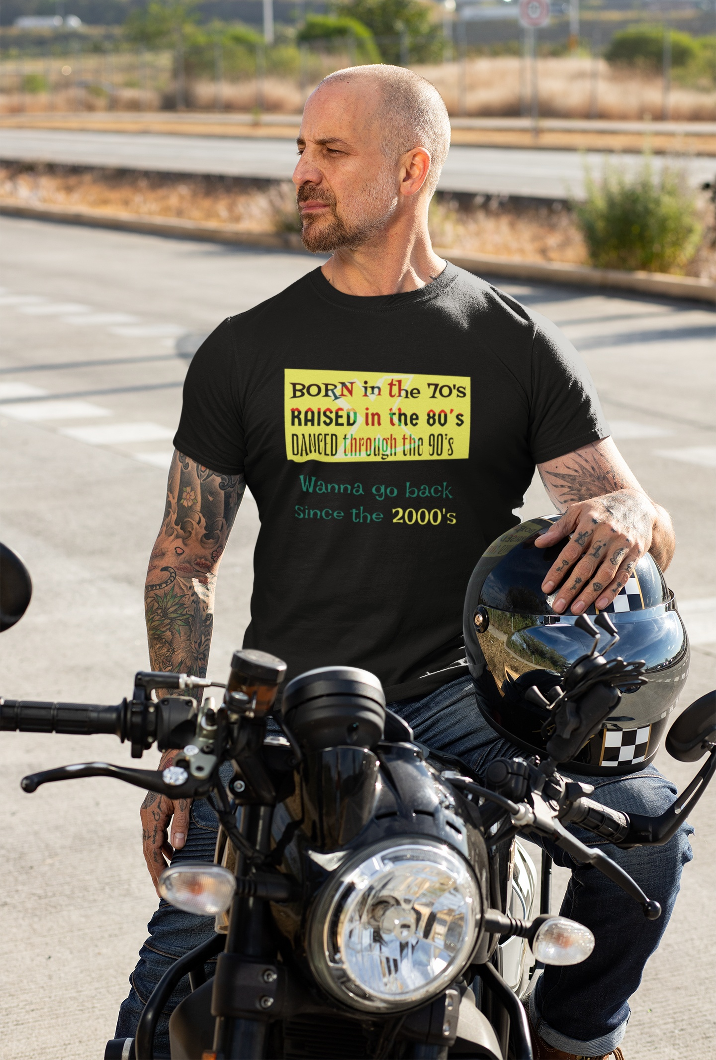 Front view of a male model wearing the black retro nostalgia Gen-X t-shirt.
