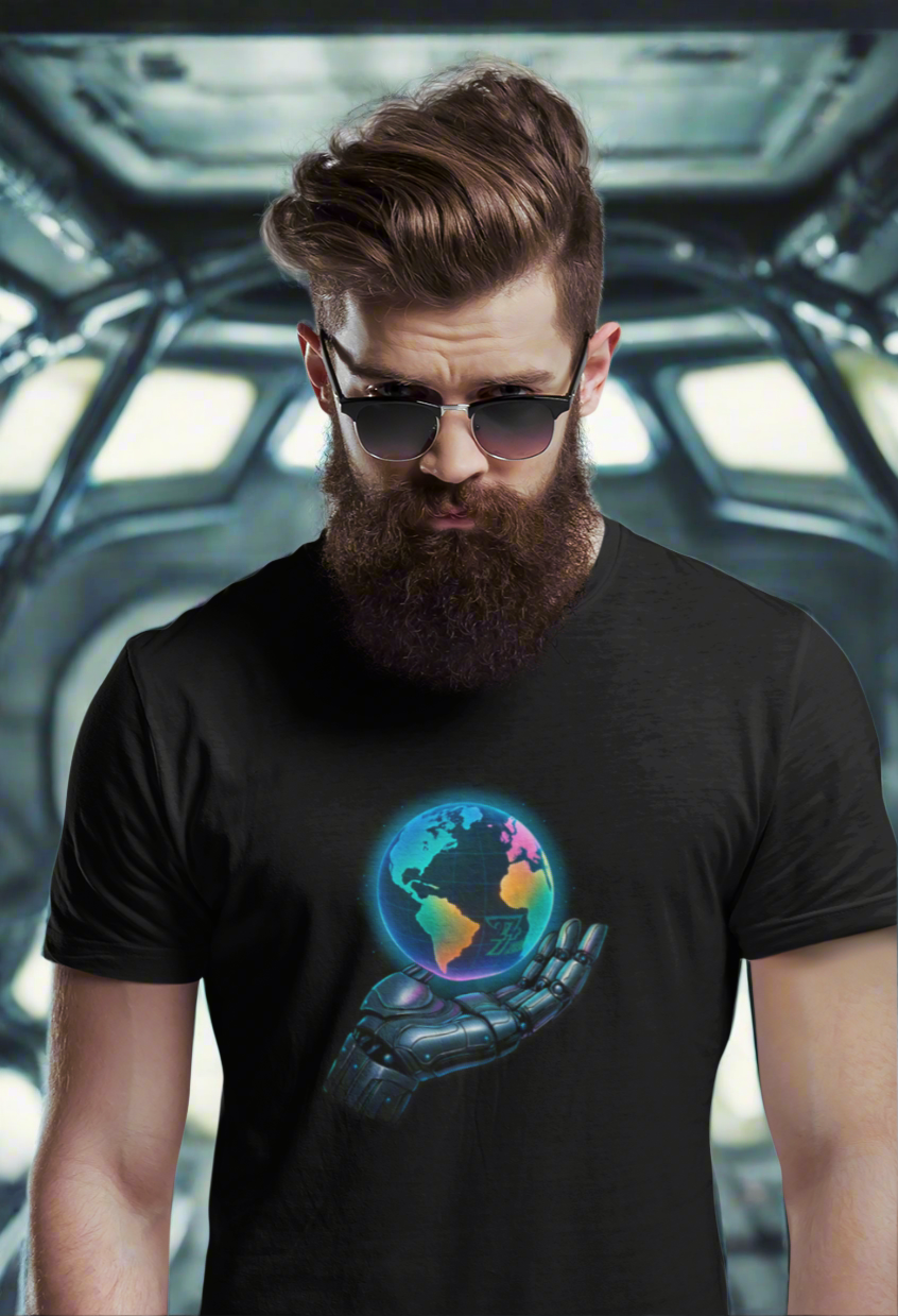 Male model with sunglasses and a beard wearing the black sci-fi Earth graphic tee