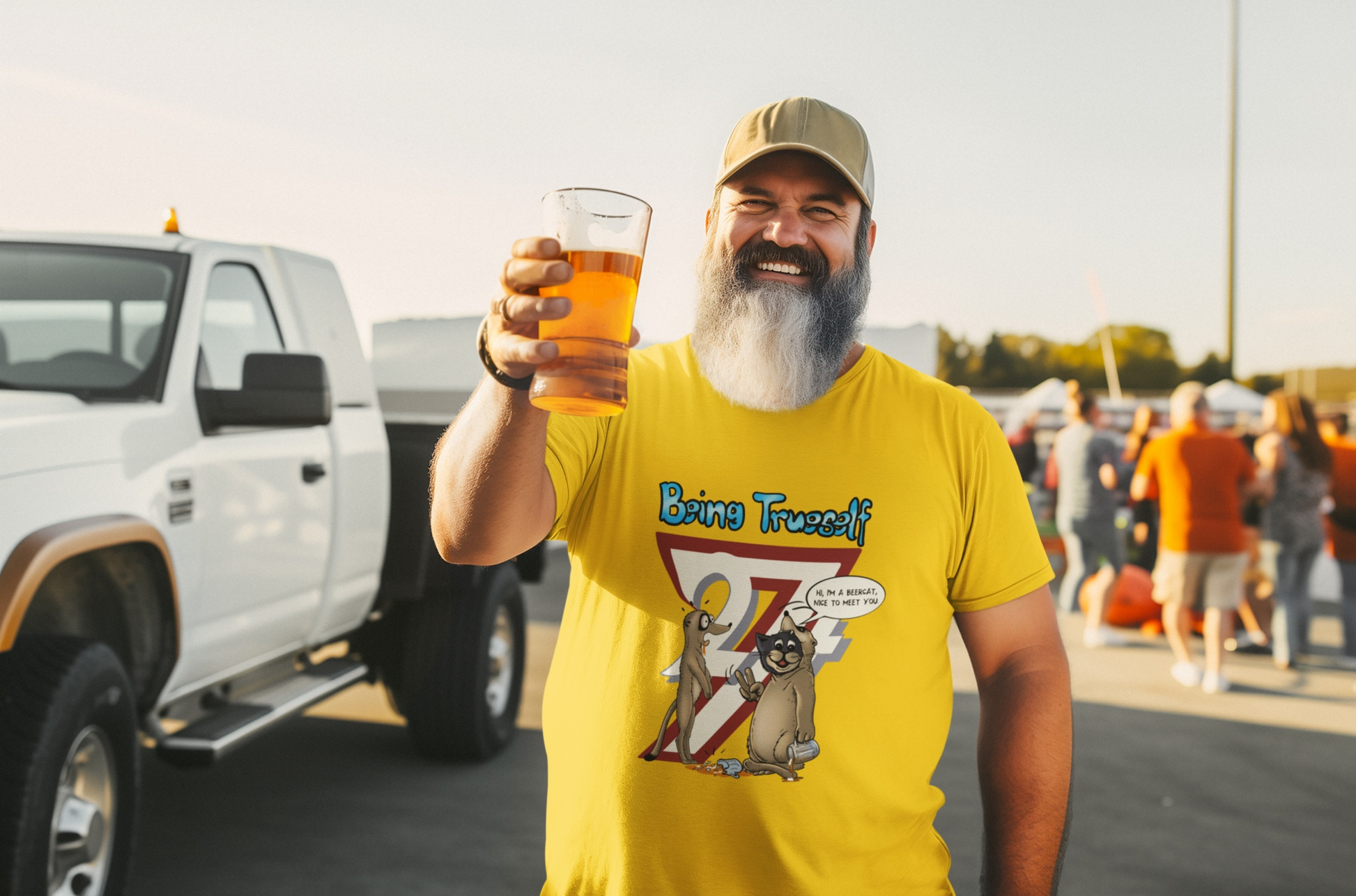 Smiling bearded male model wearing the bright yellow beer drinker gag gift shirt, cheerfully holding up a glass of beer at an outdoor tailgate party.