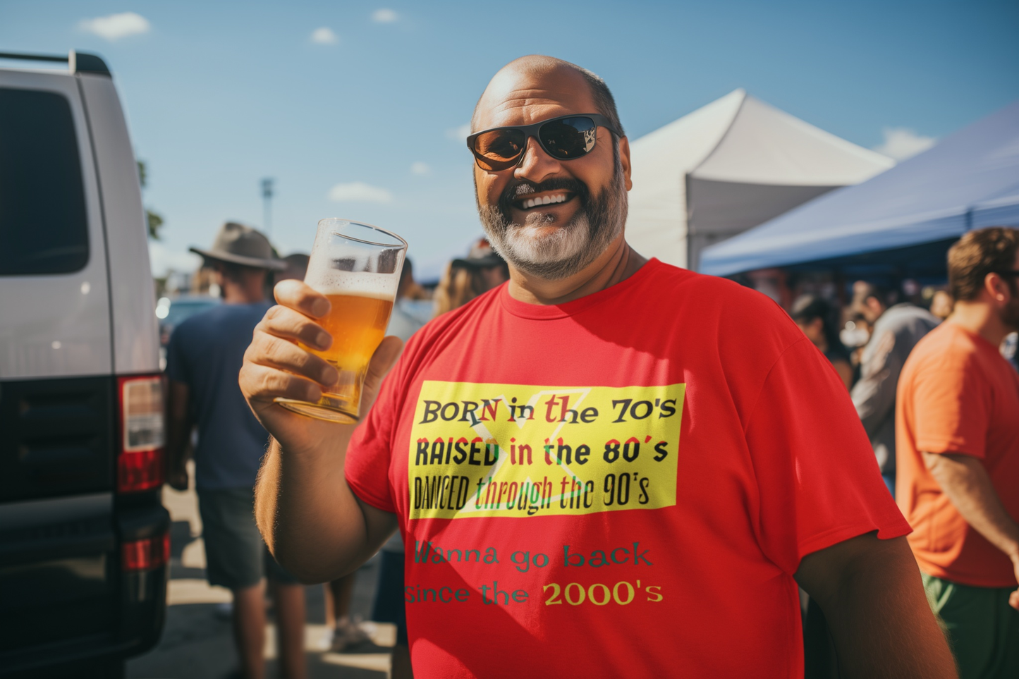 Front facing male model wearing the custom printed red 70s 80s 90s apparel.