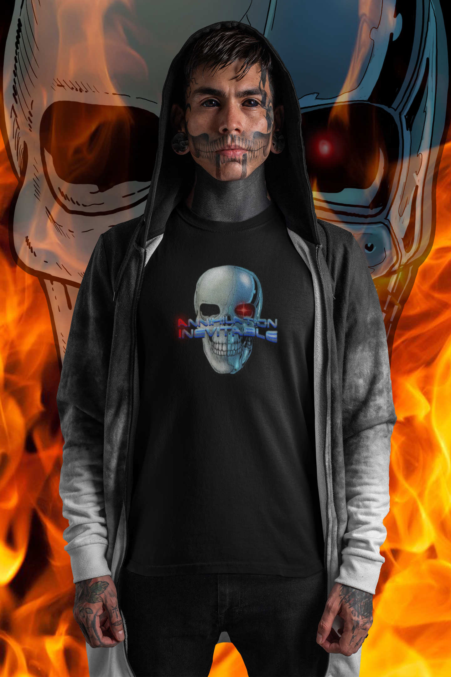 Front view of a male model wearing the black Annihilation Inevitable cyborg t-shirt.
