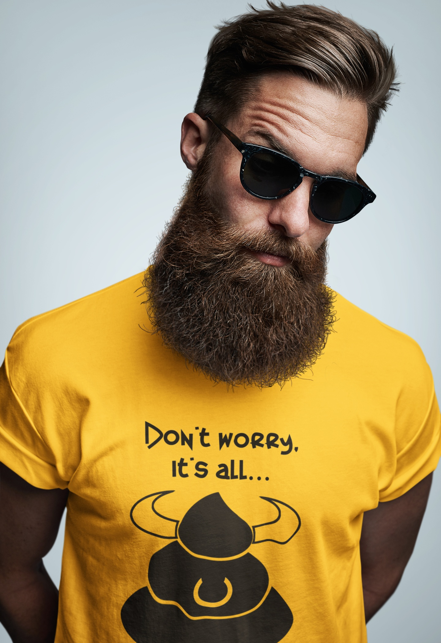 Male model wearing the gold laid back humor apparel
