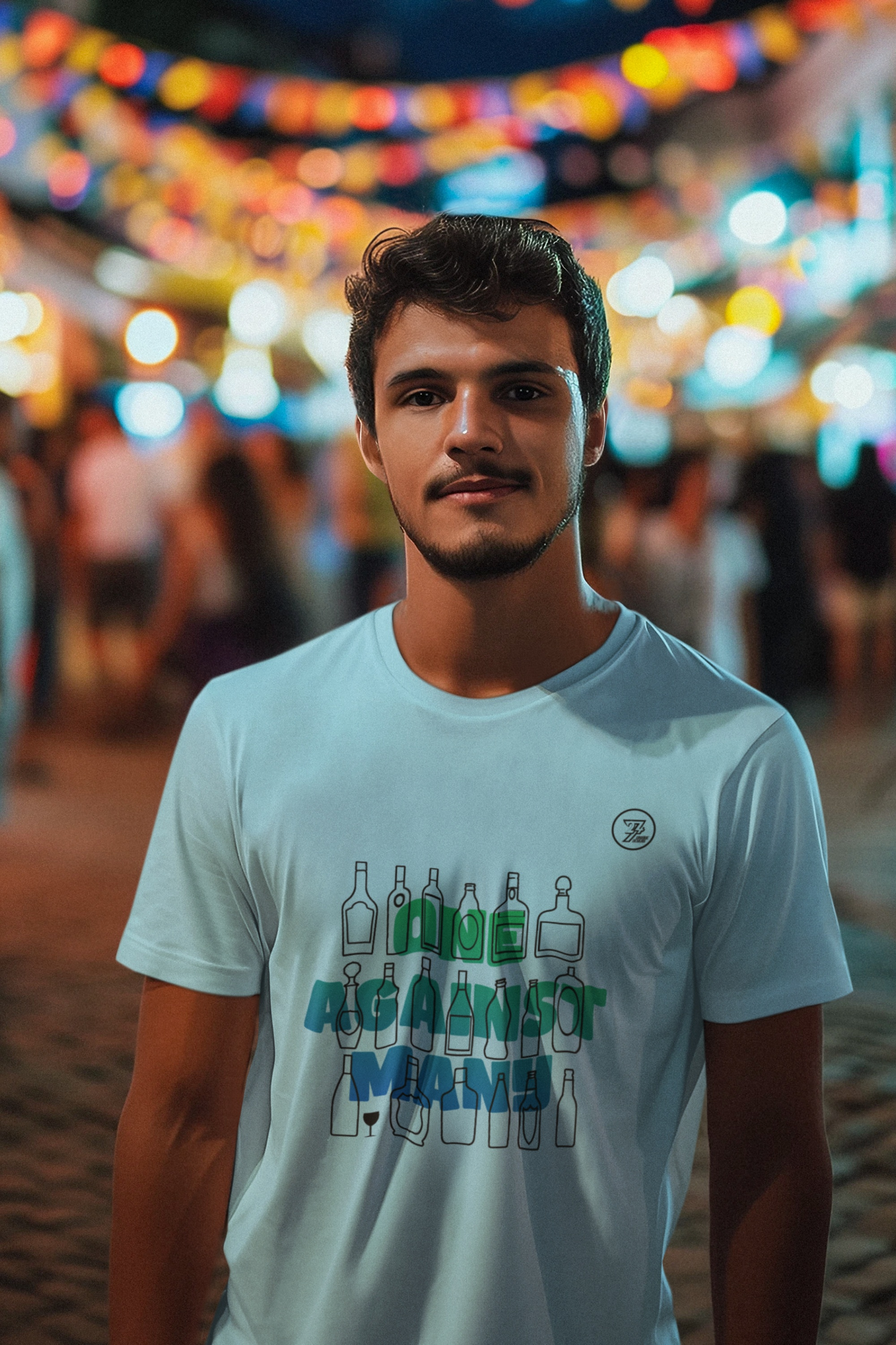 Male model styling the light blue One Against Many art shirt on an evening street party