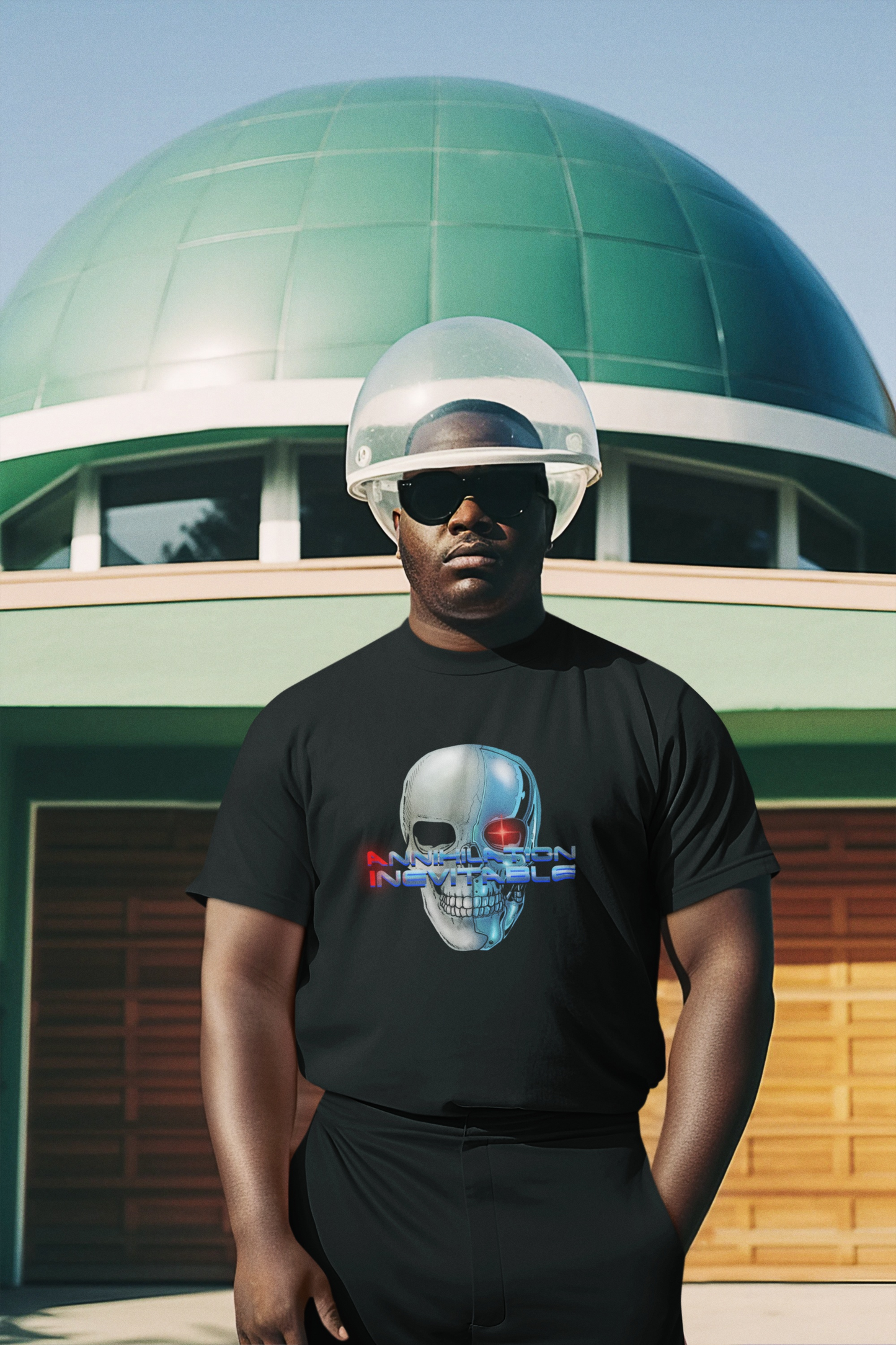 Male model showcasing the black sci-fi cyberpunk graphic tee.