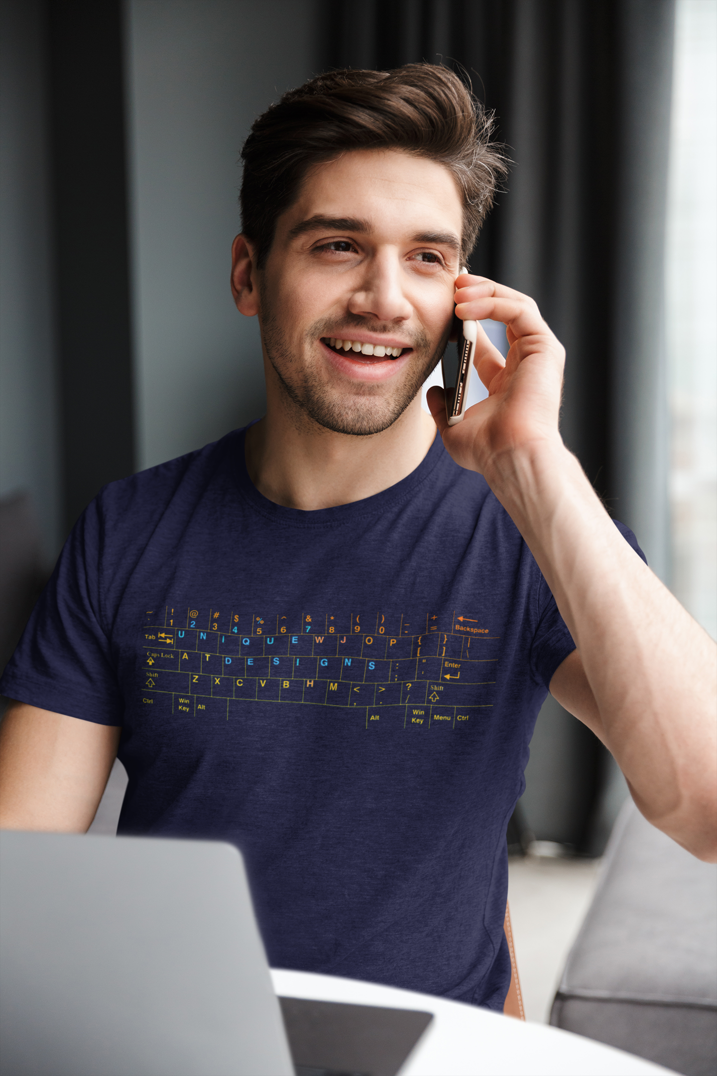 Male model showcasing the navy blue tech support tee