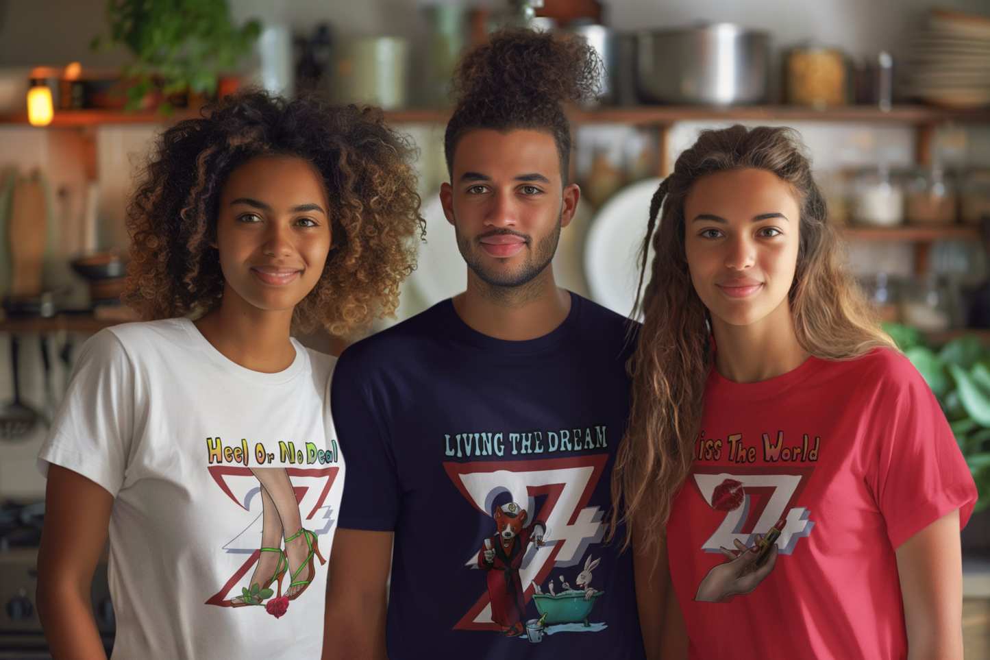 Male model styling the navy blue groomsmen gift t-shirt with the retro mansion parody art, posing in a casual kitchen setting with friends wearing various 24/7 Unique Designs illustrated tees.