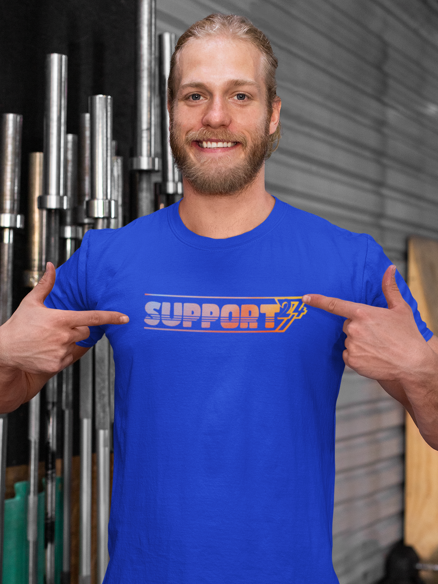 Male model showcasing the royal blue support tee with sleeve detail.