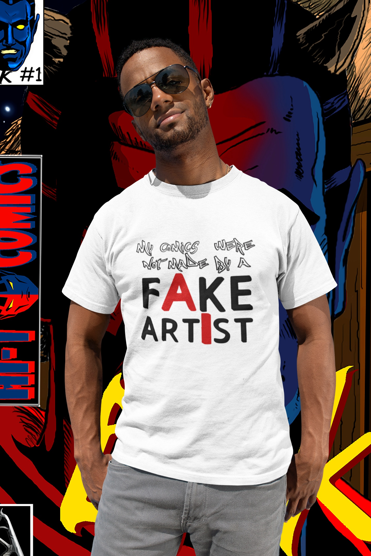Male model wearing sunglasses and the white anti AI graphic tee, standing outdoors in front of a vibrant, colorful comic book cover backdrop.