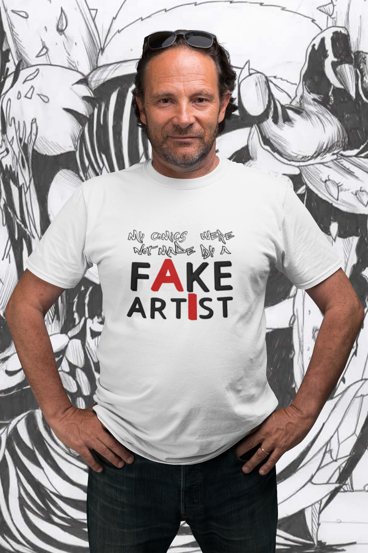 Male model styling the white support human artists graphic tee, standing confidently with his hands on his hips against a black and white comic sketch background.