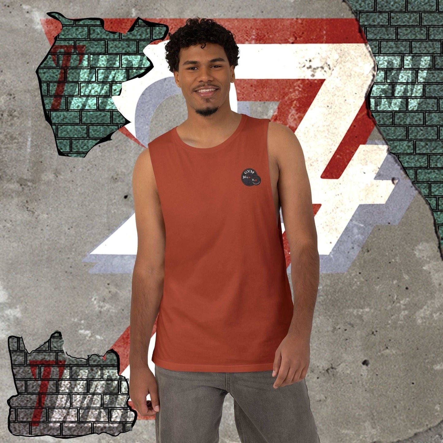 Man wearing the autumn red tank top with the 24/7 logo in front of a colorful abstract background