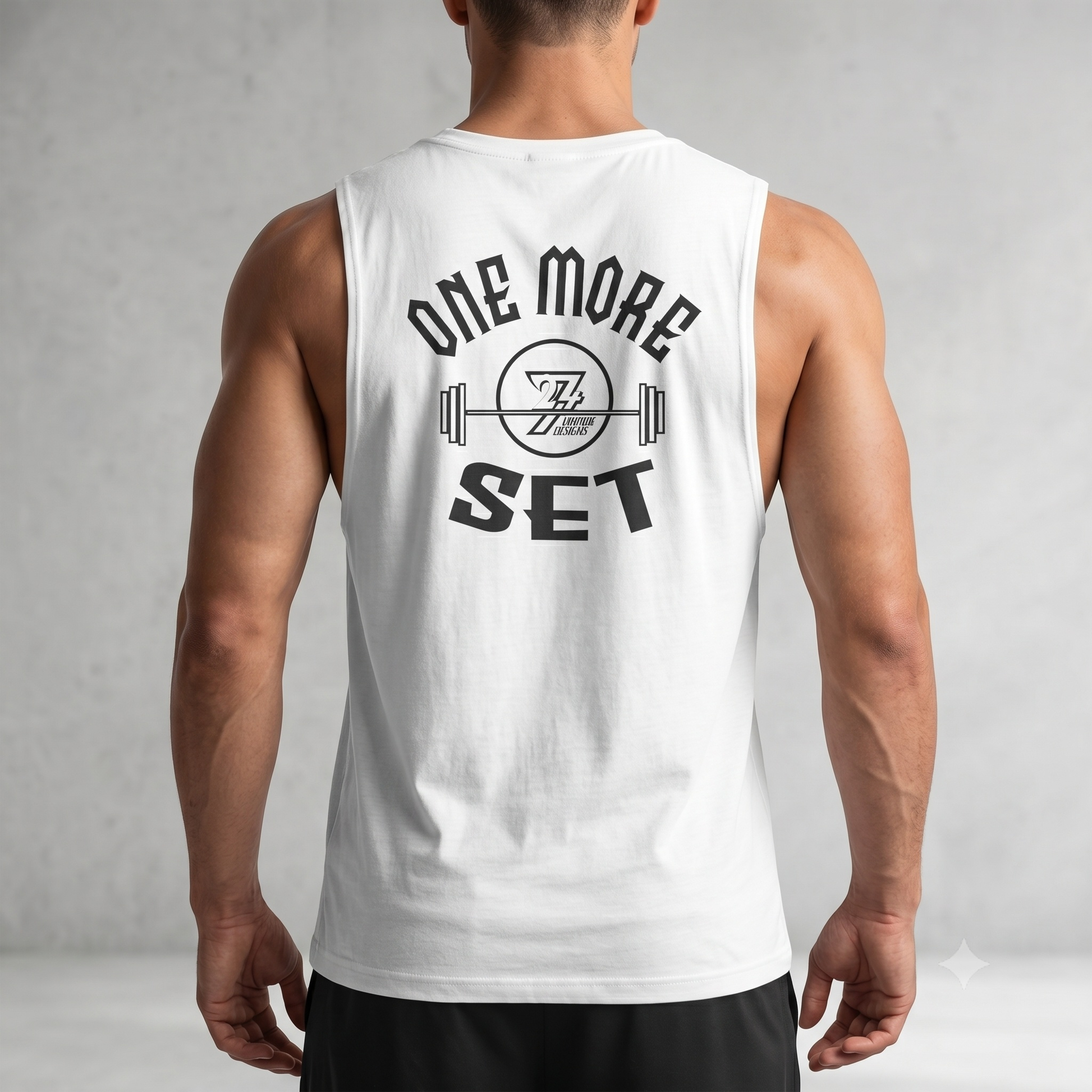 Person wearing the white 24/7 muscle tank top with 'One More Set' text and logo on a gray background