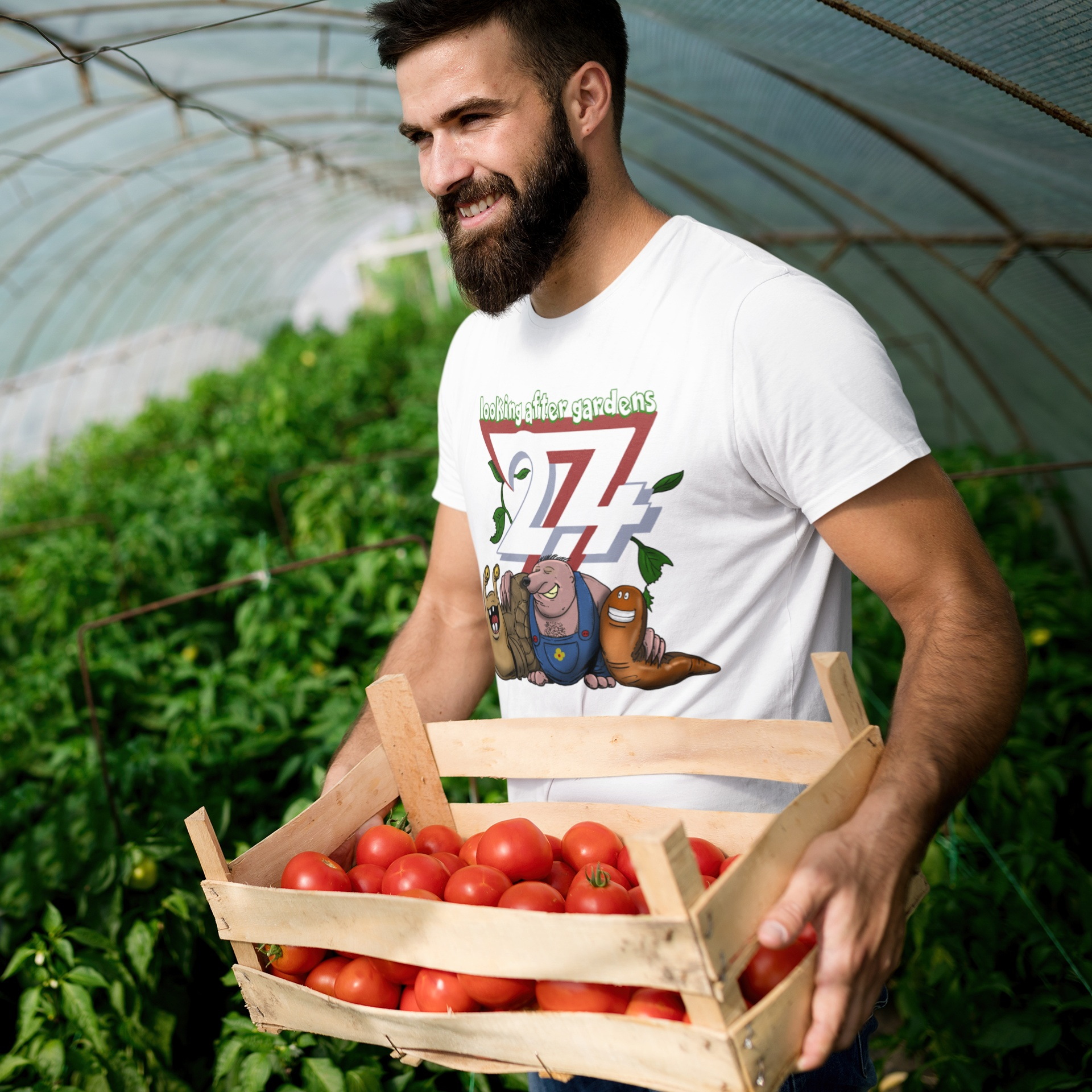 Smiling male model showcasing the white funny gardening shirt, holding a wooden crate full of fresh red tomatoes inside a lush greenhouse.