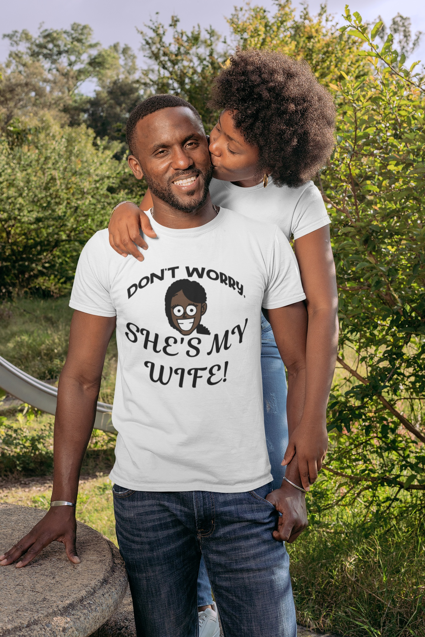 Male model wearing the white funny kiss cam graphic t-shirt