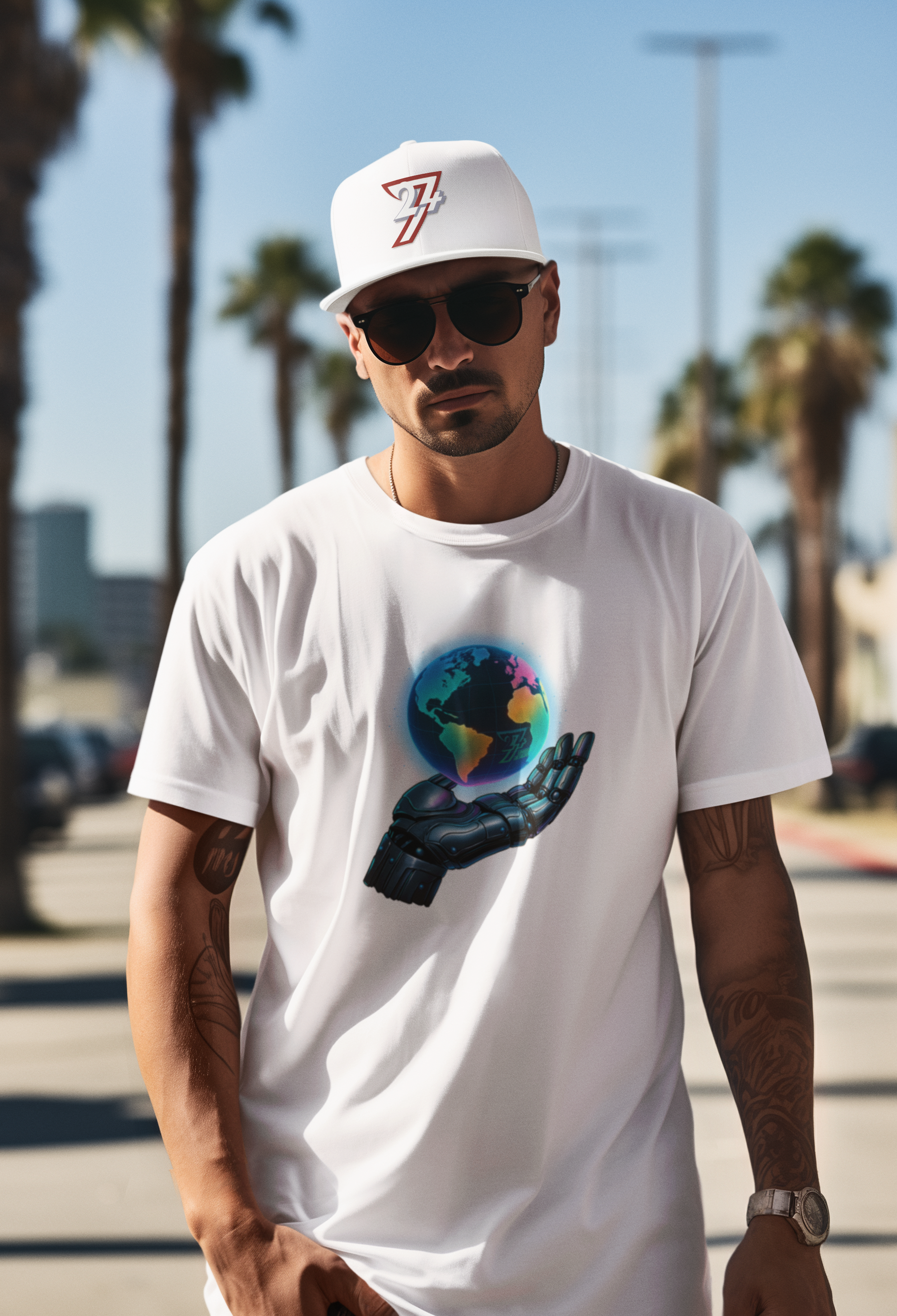 Front view of a male model styling the white vibrant cybernetic hand top.