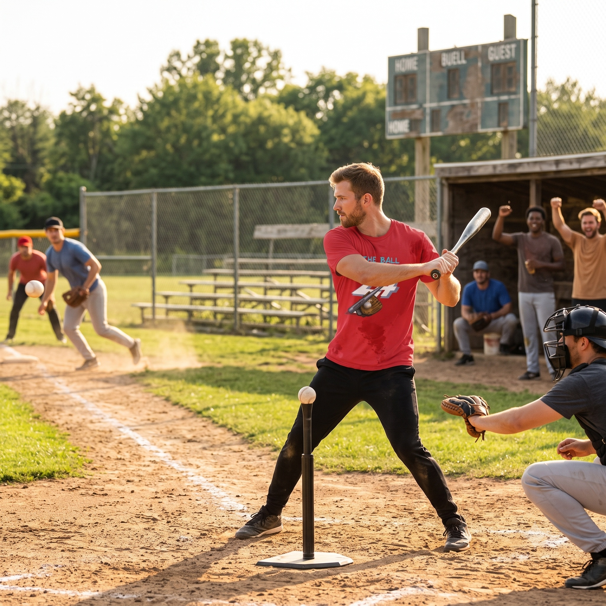 Focused adult male batter preparing to swing at a baseball on a dirt field during a casual summer game, wearing the red comic style baseball graphic tee.