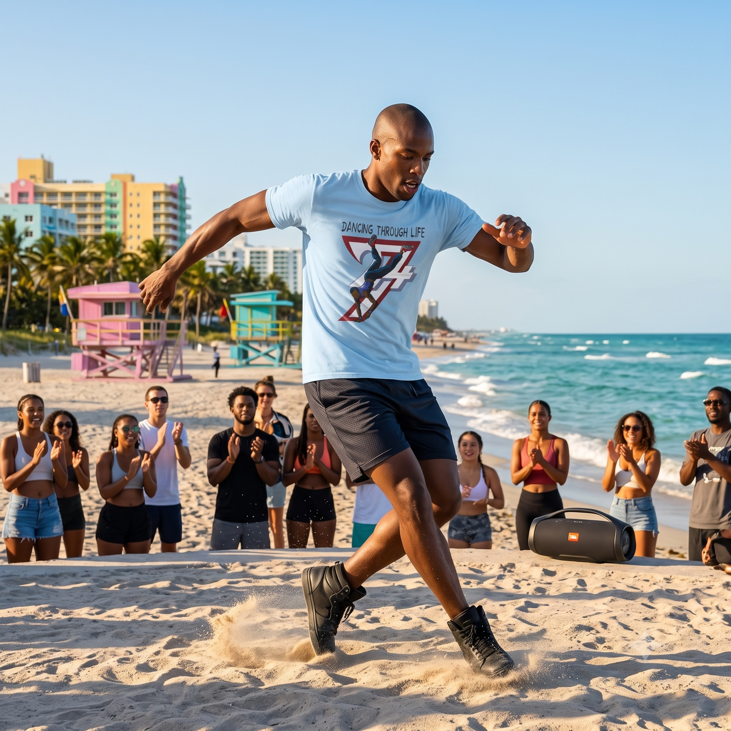 Athletic man breakdancing on a sandy beach while a crowd claps to the rhythm, wearing the light blue urban streetwear t-shirt that moves perfectly with his dynamic routine.