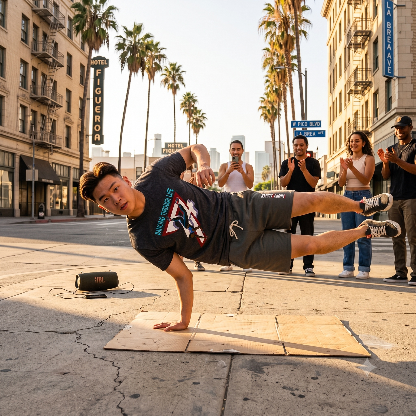 Athletic young man performing a one-handed freeze breakdance move on a cardboard mat in a sunny Los Angeles street, wearing the dark heather grey street dance graphic tee while a crowd cheers.