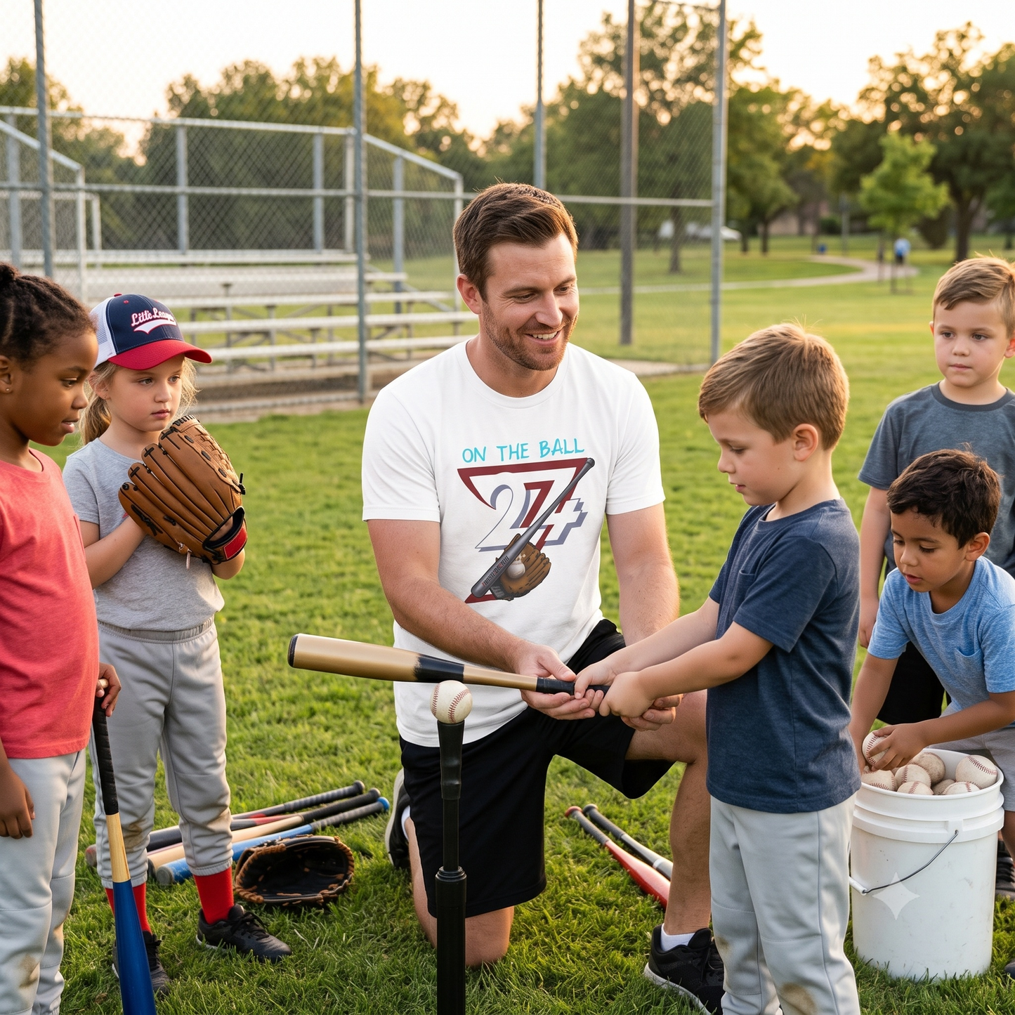 Happy man wearing the crisp white American pride baseball apparel tee, kneeling on the grass to help a young boy hold a bat during a youth tee-ball practice.