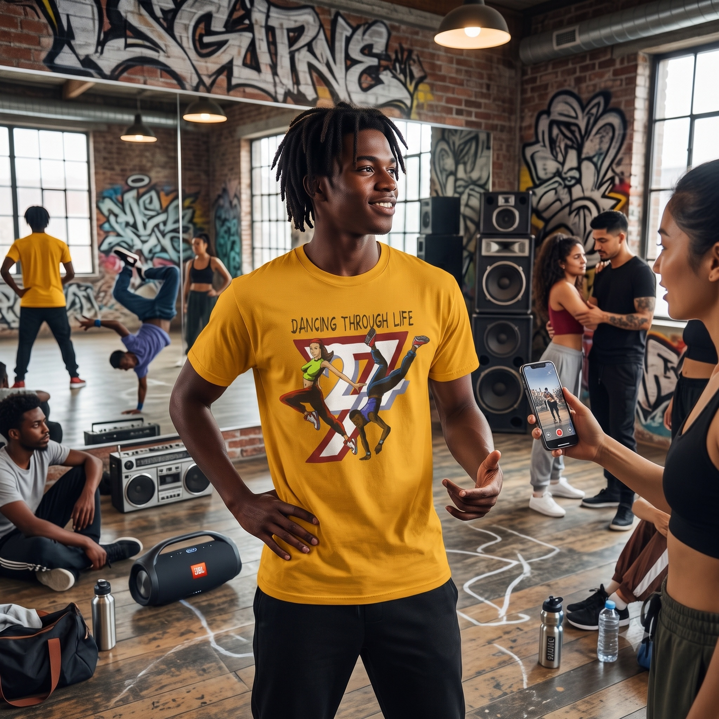 Smiling young man standing confidently in a graffiti-covered dance studio, wearing the gold hip-hop dance crew graphic tee while other dancers practice in the background.