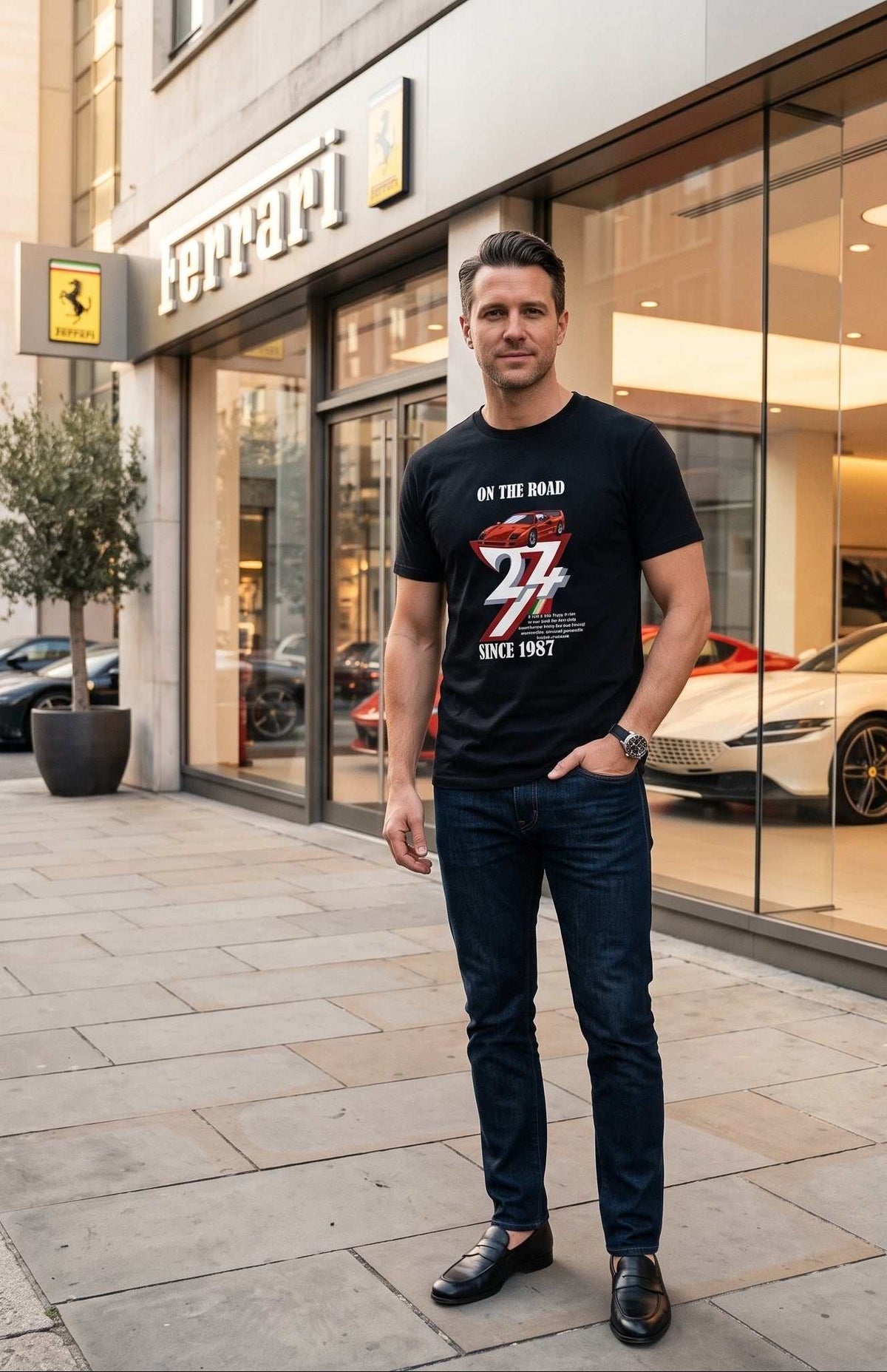 Stylish man standing outside a brightly lit Ferrari dealership, wearing the black 1987 Ferrari F40 graphic tee with classic supercars visible in the showroom window.