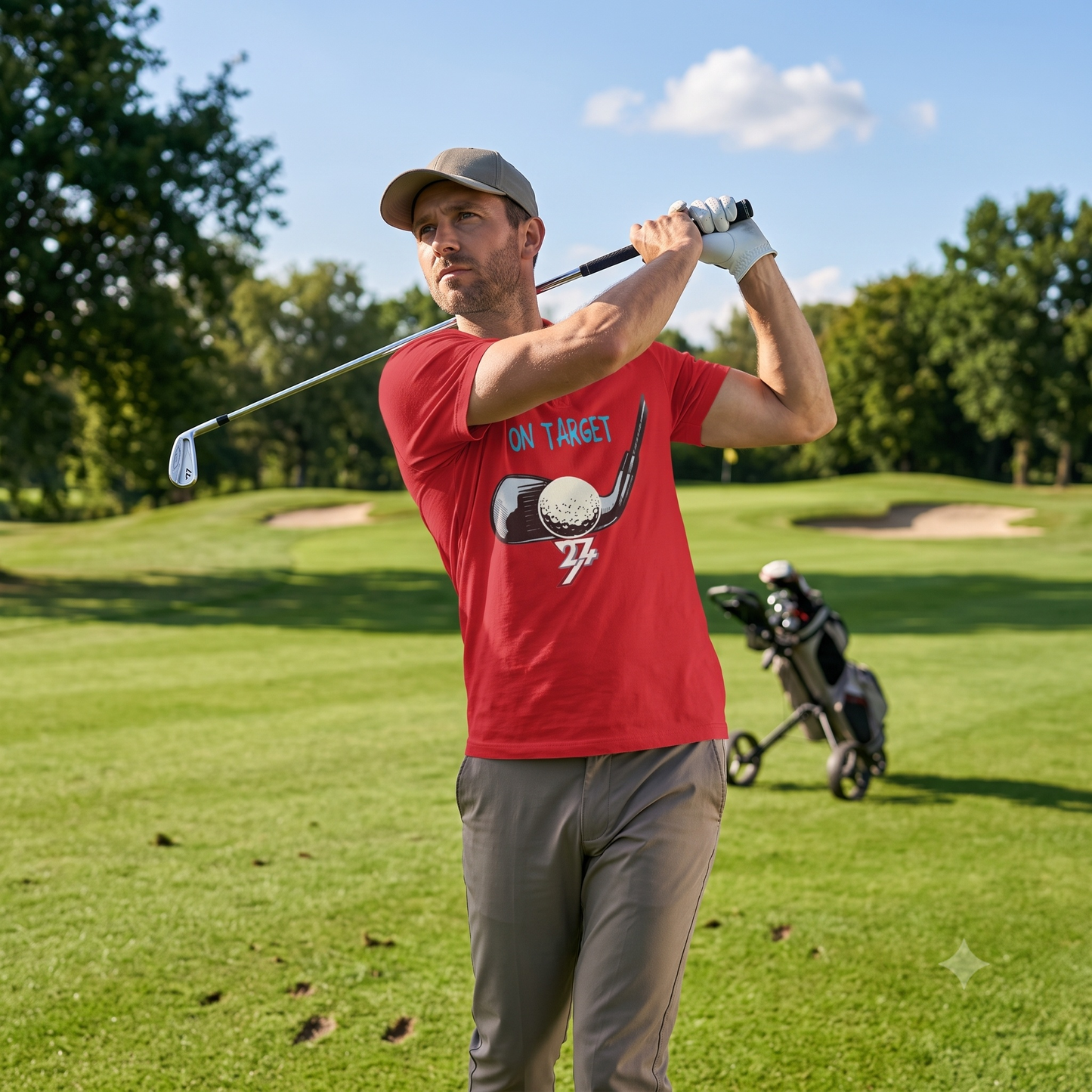 Focused male golfer holding his follow-through after a swing on a lush fairway, wearing a grey cap and the vibrant red hand-drawn golfer shirt.