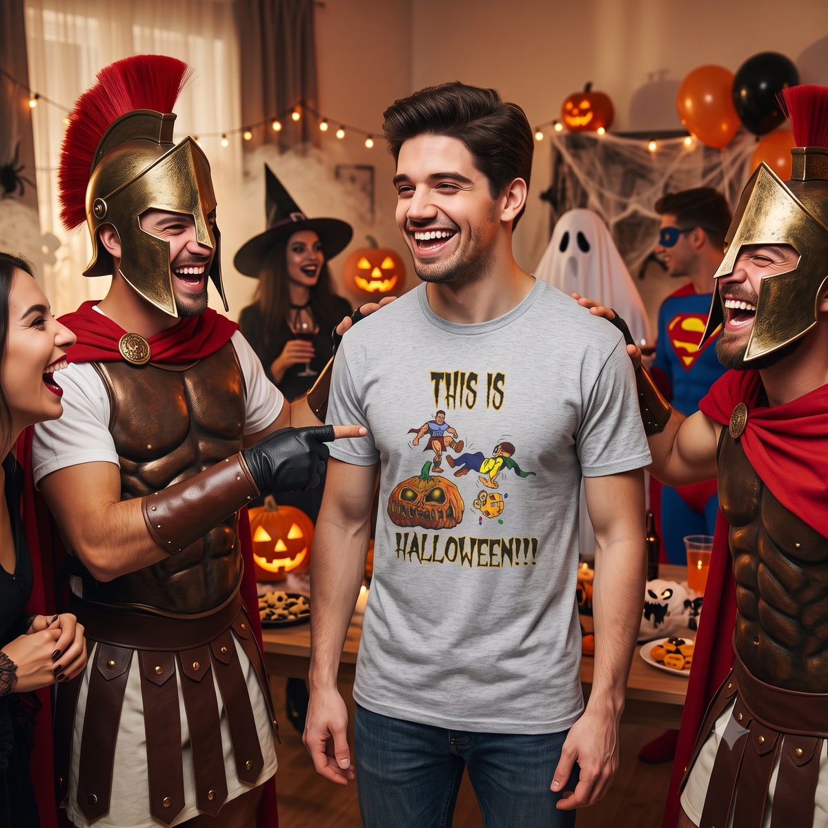 Smiling man at an indoor Halloween party wearing the sport grey funny Halloween graphic tee, surrounded by friends in warrior and superhero costumes laughing at the movie parody design.