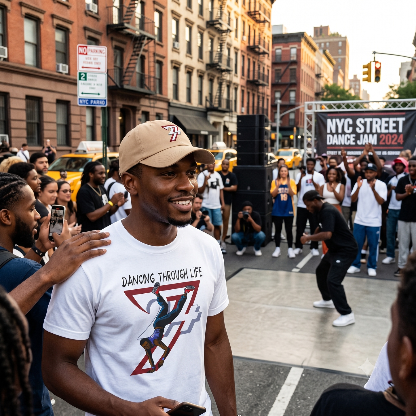 Happy man socializing at an NYC Street Dance Jam surrounded by a crowd and performers, wearing a beige 24/7 baseball cap and the white hand-drawn breakdance clothing tee.