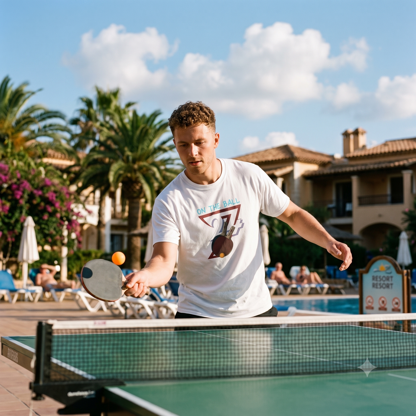 Focused young man playing an intense game of ping pong on an outdoor resort table, wearing the white hand-drawn ping pong shirt to showcase its comfortable active fit.