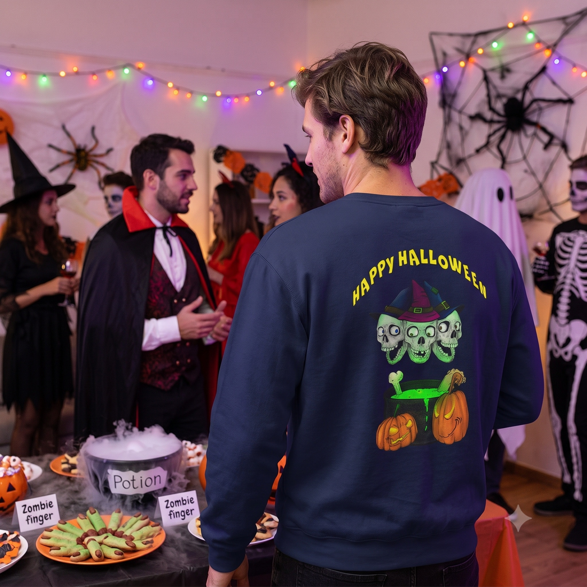 Man standing at a Halloween party snack table looking over his shoulder, modeling the back of the navy blue double-sided Halloween sweatshirt showcasing the skulls graphic.