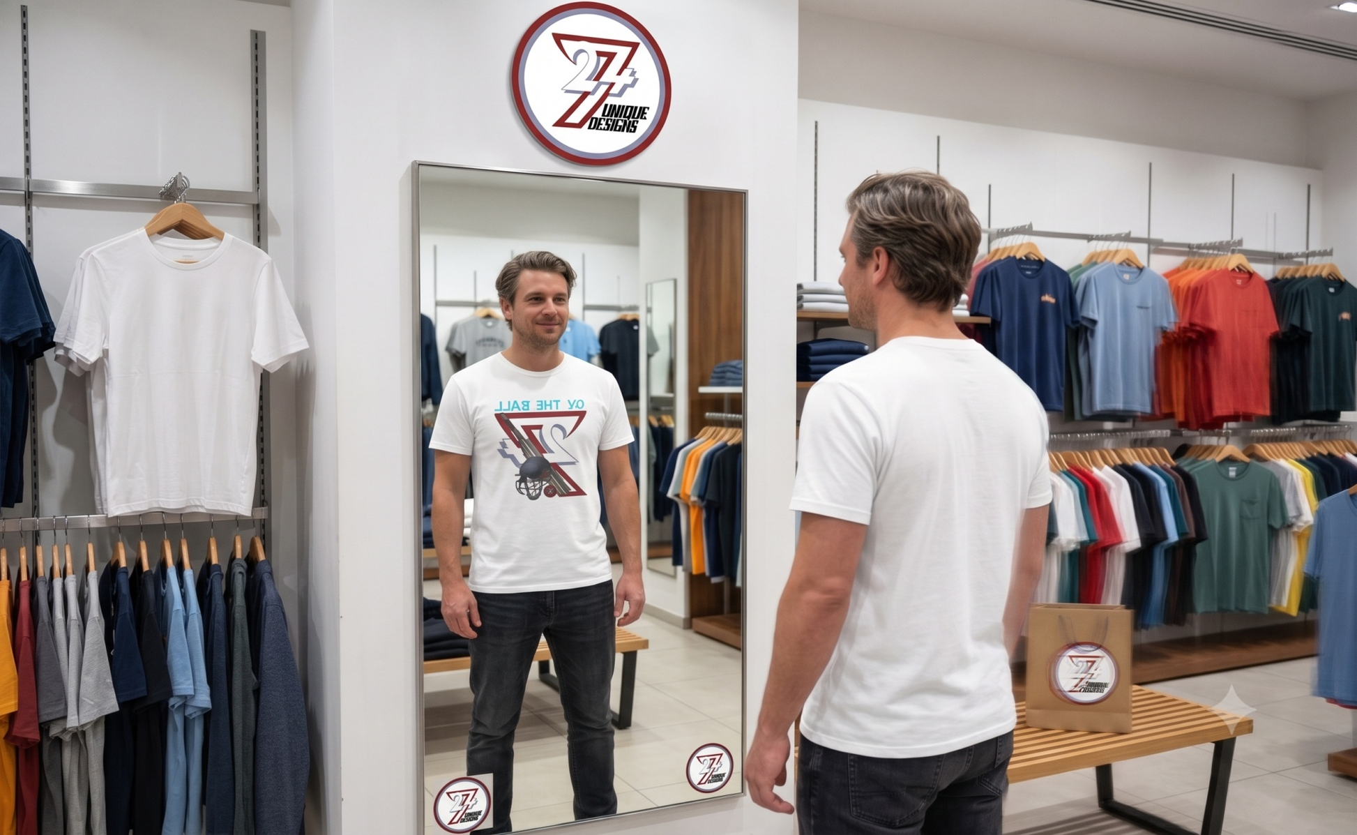 Smiling man looking at his reflection in a retail store mirror, wearing the crisp white 90s vintage cricket graphic tee beneath a 24/7 Unique Designs wall sign.