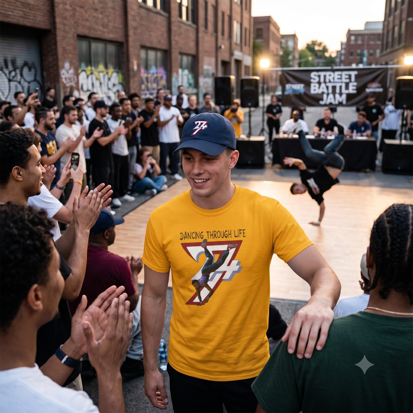 Smiling man walking through an outdoor Street Battle Jam while a breakdancer performs in the background, wearing a navy 24/7 cap and the gold Dancing Through Life tee.