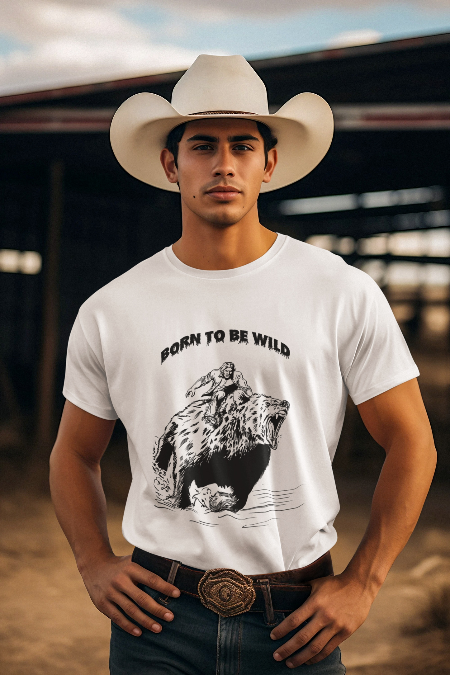Front facing man styling the black outline vintage shirt to showcase the relaxed drape and clean aesthetic.