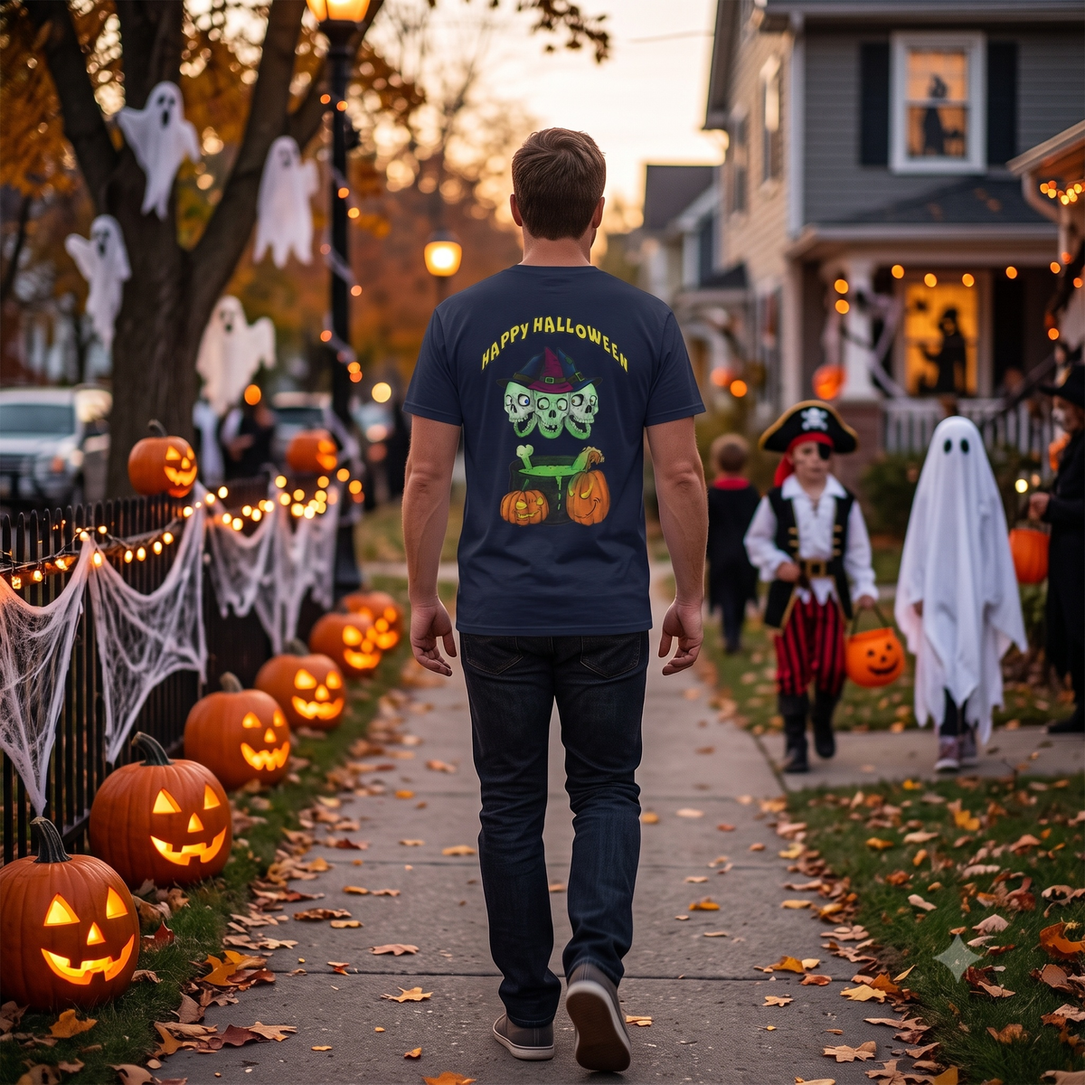 Man walking away down a leafy autumn sidewalk lined with glowing jack-o'-lanterns, modeling the back skull design of the navy blue front and back print Halloween graphic tee.