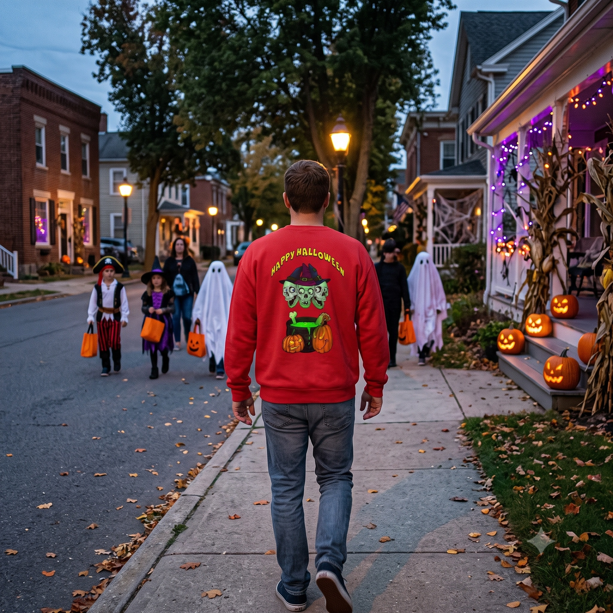 Man walking away down a twilight neighborhood street alongside trick-or-treaters, showcasing the skulls graphic on the back of the red double-sided Halloween sweatshirt.