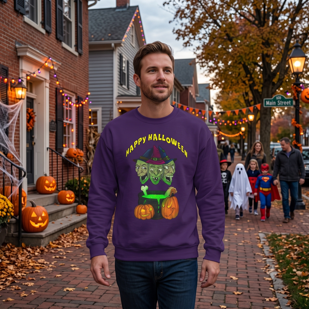 Cheerful man walking down a festive autumn neighborhood street surrounded by jack-o'-lanterns and trick-or-treaters, wearing the vibrant purple spooky Halloween sweatshirt.