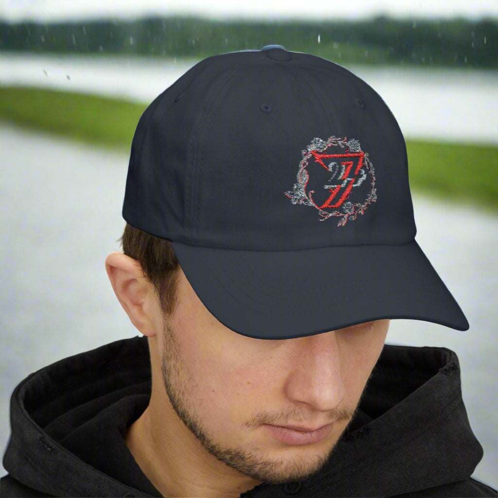 Man wearing the navy blue 24/7 Unique Designs unisex summer cap.