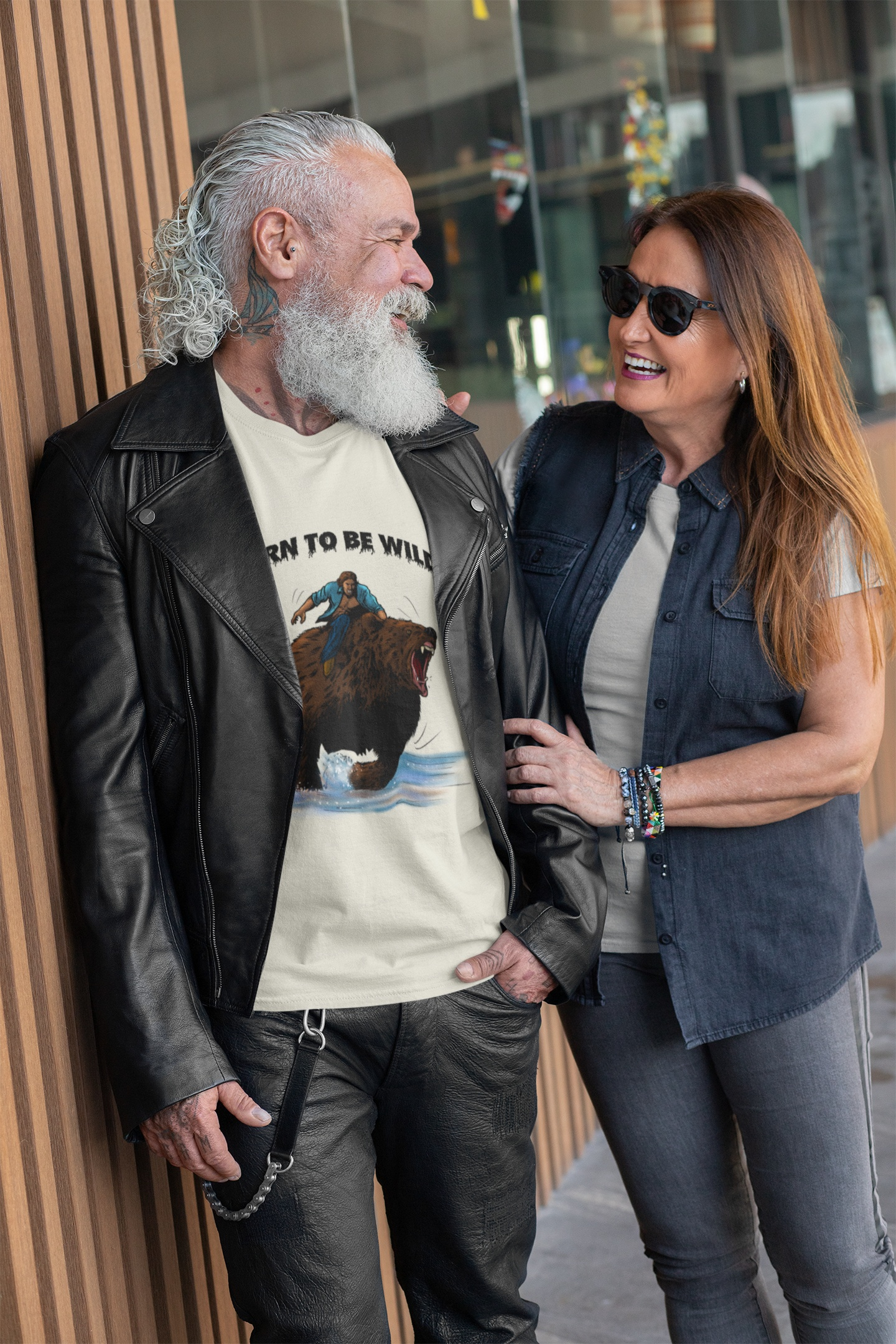 Man wearing the retro comic style bear t-shirt in beige color