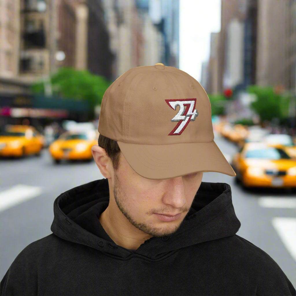 Khaki baseball hat with embroidered 24/7 logo