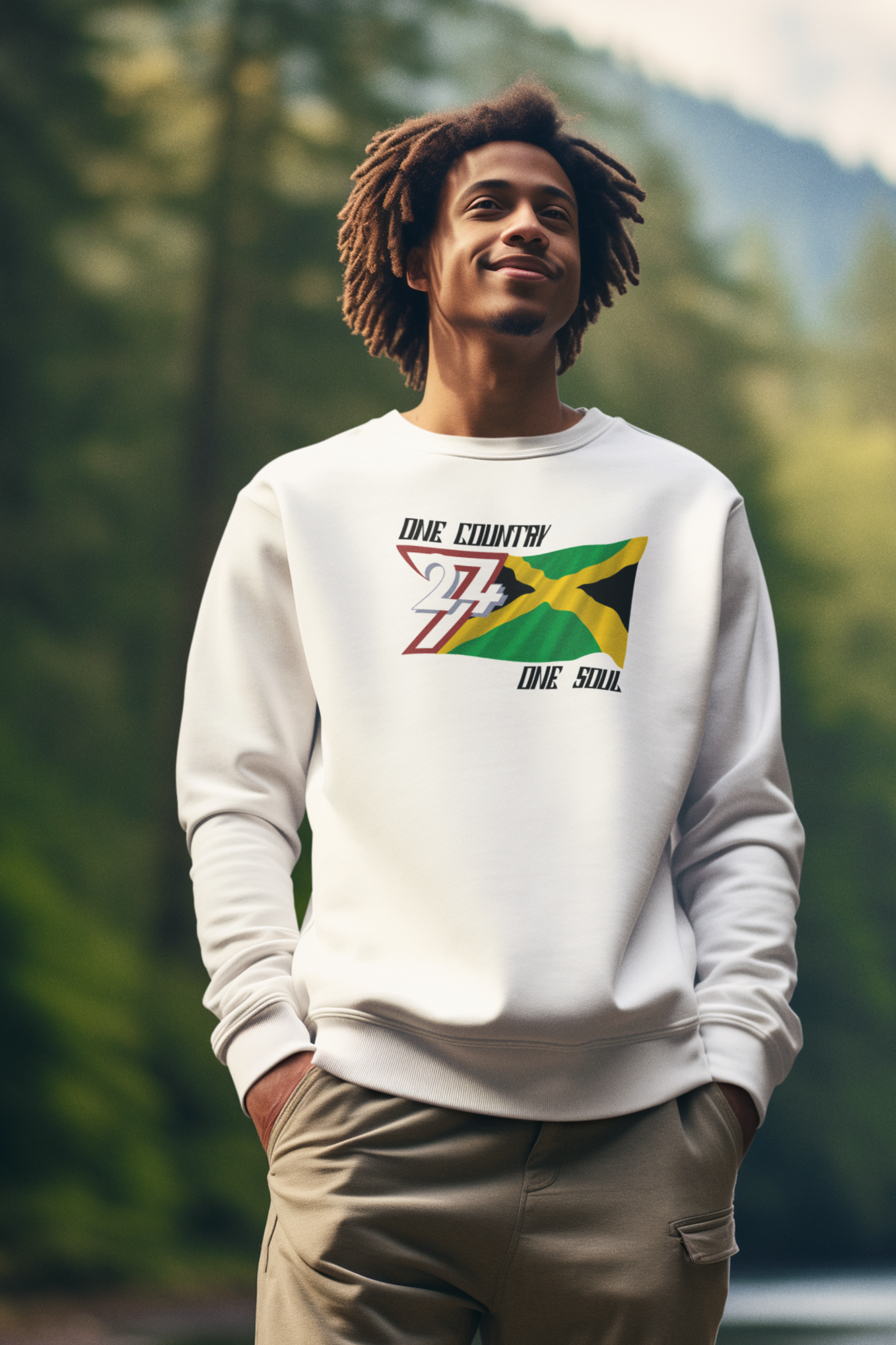 Model wearing the White Jamaica Flag Crewneck Sweatshirt