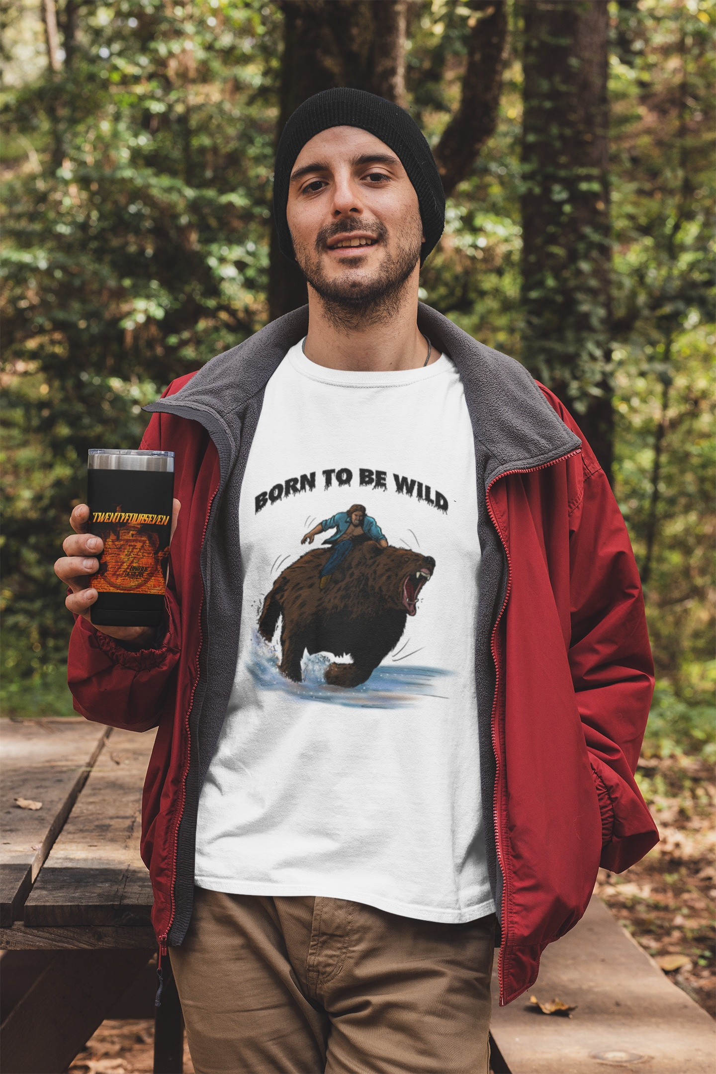 Model wearing the white retro style bear illustrated t-shirt