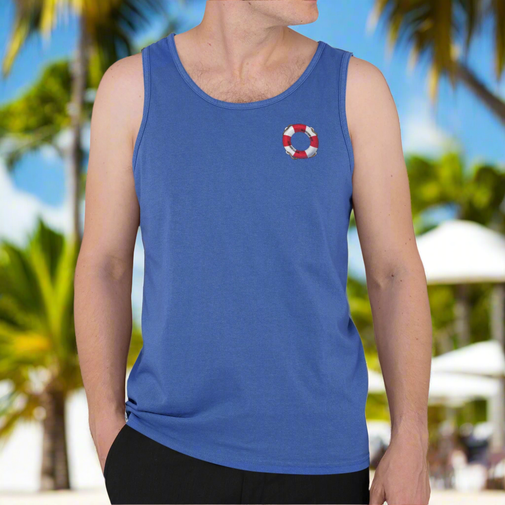 Man wearing the True Royal Blue Beach Tank Top - 90s Comic Style Summer Gear.