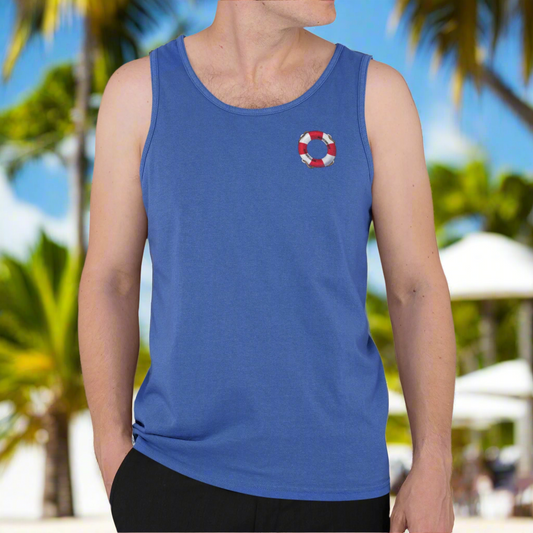 Man wearing the True Royal Blue Beach Tank Top - 90s Comic Style Summer Gear.