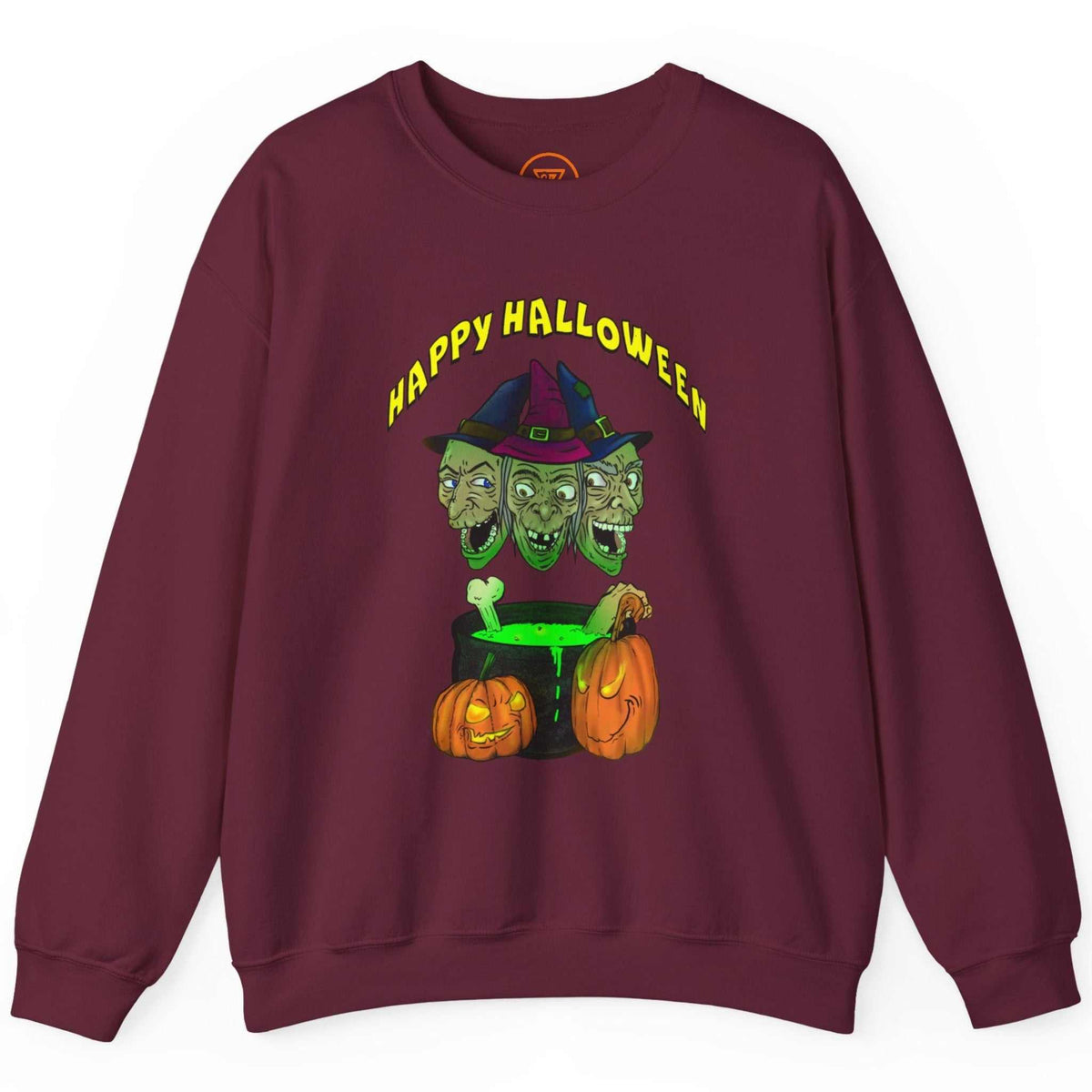 Front view of a maroon cozy funny Halloween sweater featuring the digitally hand-drawn witches and cauldron graphic, displayed flat on a clean background.