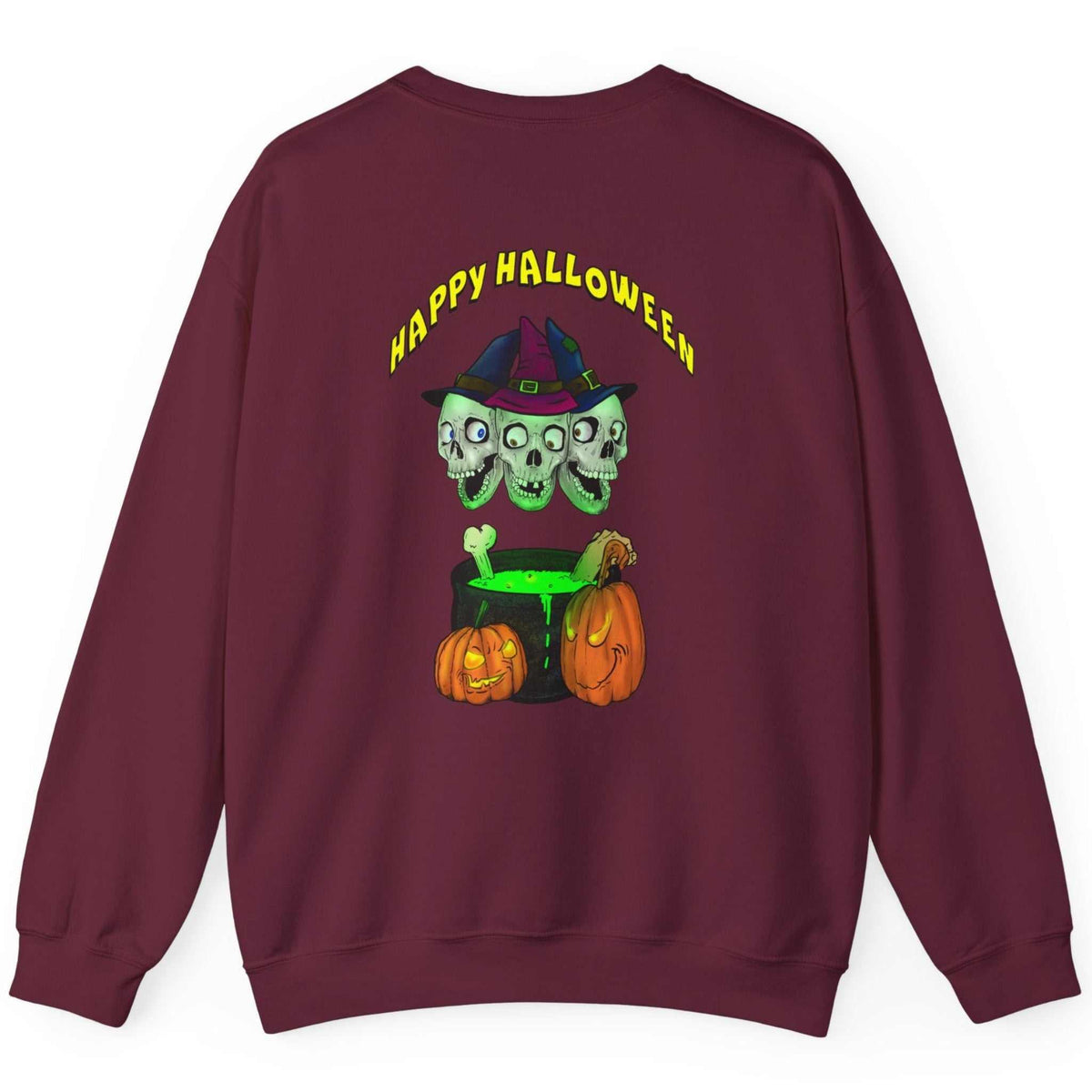 Back view of the maroon double-sided Halloween sweatshirt showcasing the matching skulls graphic, laid flat on a clean background.
