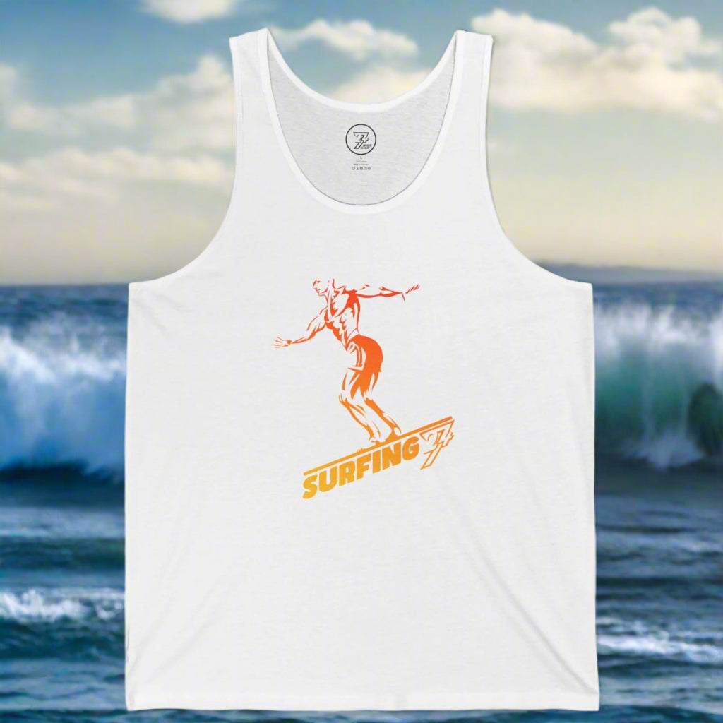White Surfing Tank Top in yellow with red-to-blue gradient surfer silhouette.