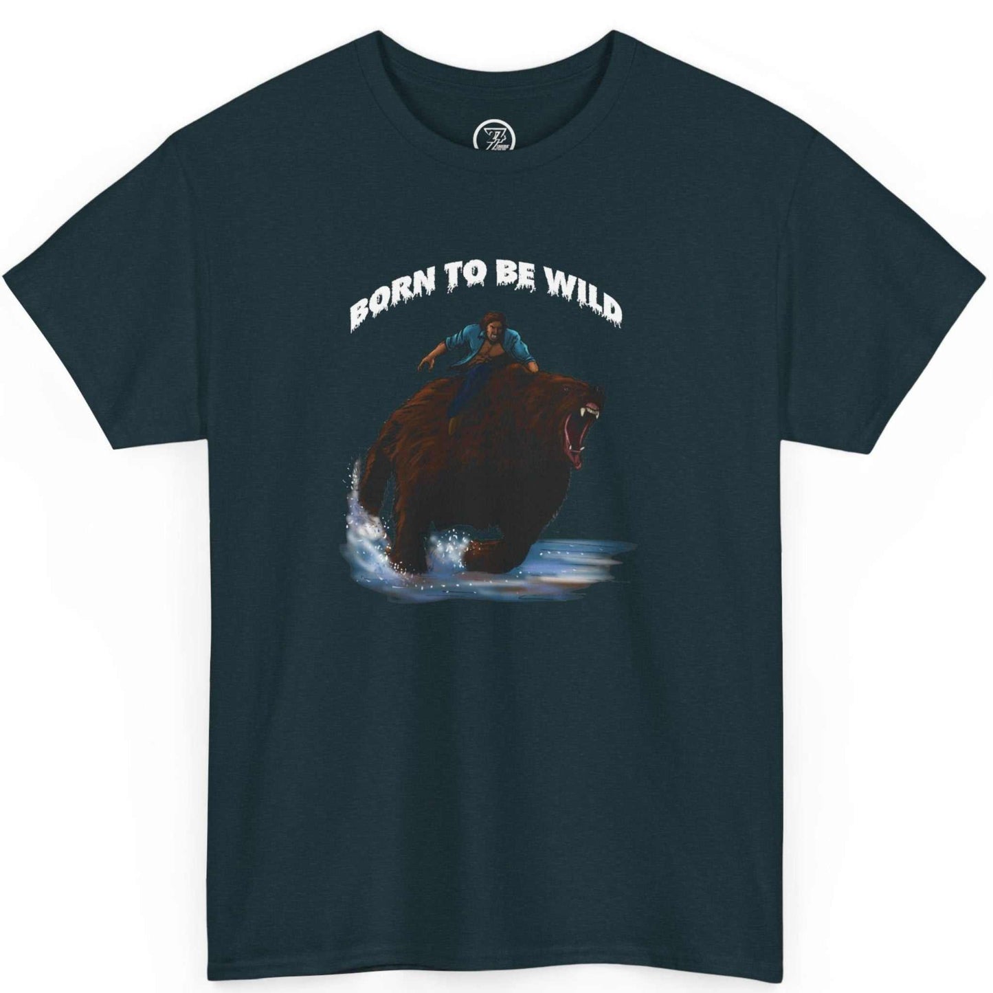 Solid midnight vintage comic illustration shirt featuring a funny retro bear rider design.
