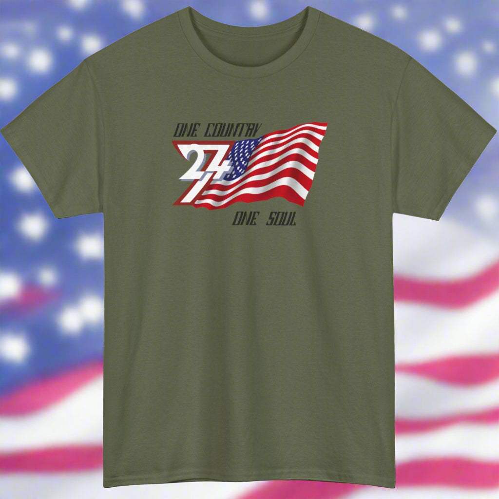 Olive green USA Graphic Tee with waving American flag graphic and "One Country One Soul" slogan, patriotic casual wear.